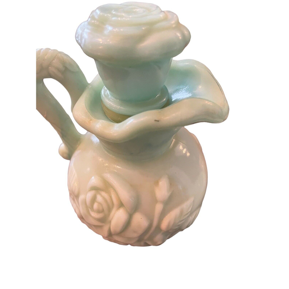 VINTAGE AVON AQUA BLUE GREEN MINI BOWL AND PITCHER SET JADITE  GLASS ROSES - Picture 2 of 10